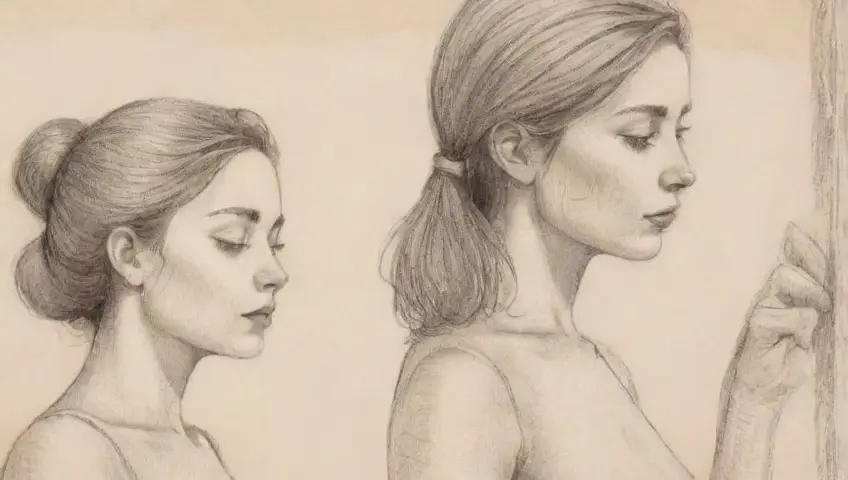 El arte captura profundidad y emociones a través de sombras suaves, líneas delicadas y tonos cálidos en una composición equilibrada