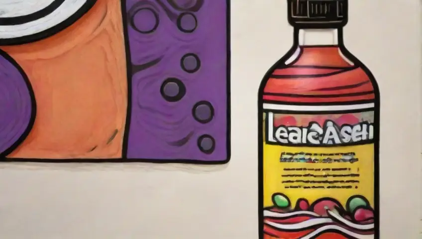 El dibujo muestra una botella de medicina con un etiquetado audaz y detalles vibrantes rodeada de ilustraciones parasitarias
