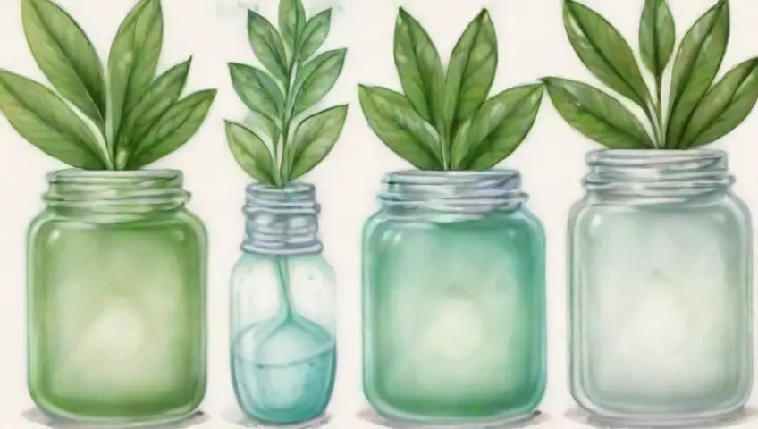 Un fondo suave y brillante con un degradado de azul a blanco, hojas verdes delicadas y texturas variadas, evocando un paisaje natural equilibrado y armonioso
