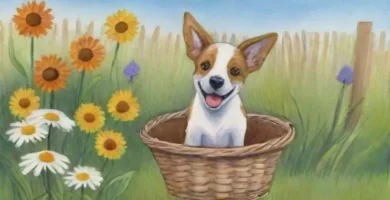 Un perro alegre en un campo verde bajo un cielo azul