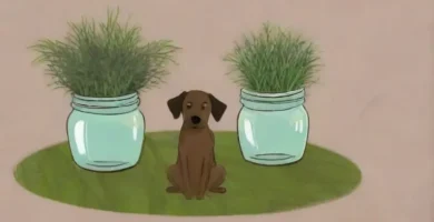 Un perro con pelaje detallado y un fondo suave rodeado de hierbas vibrantes y un frasco de tratamiento en una composición equilibrada y relajante